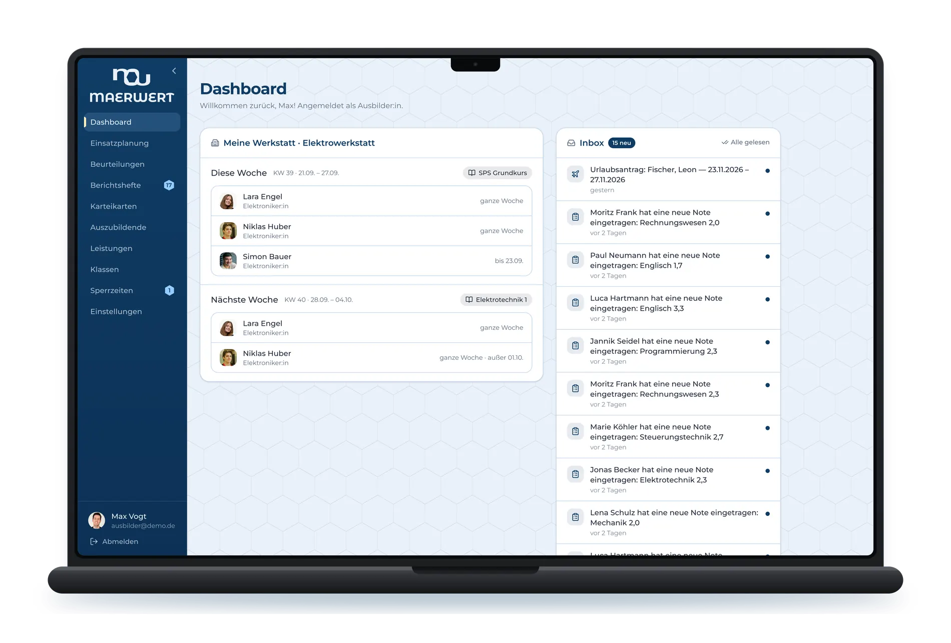 Das Dashboard in der Rolle Ausbildung. Links „Meine Werkstatt“ mit den Auszubildenden dieser und der nächsten Woche, rechts die Inbox mit dem, was zu tun ist. Von hier aus führt ein Rundgang zu den Auszubildenden, über die Suche nach „Hannah“ zu ihrem Profil mit dem geglätteten Notenverlauf und weiter in die Analyse, wo sich der Verlauf in die einzelnen Fächer teilt.