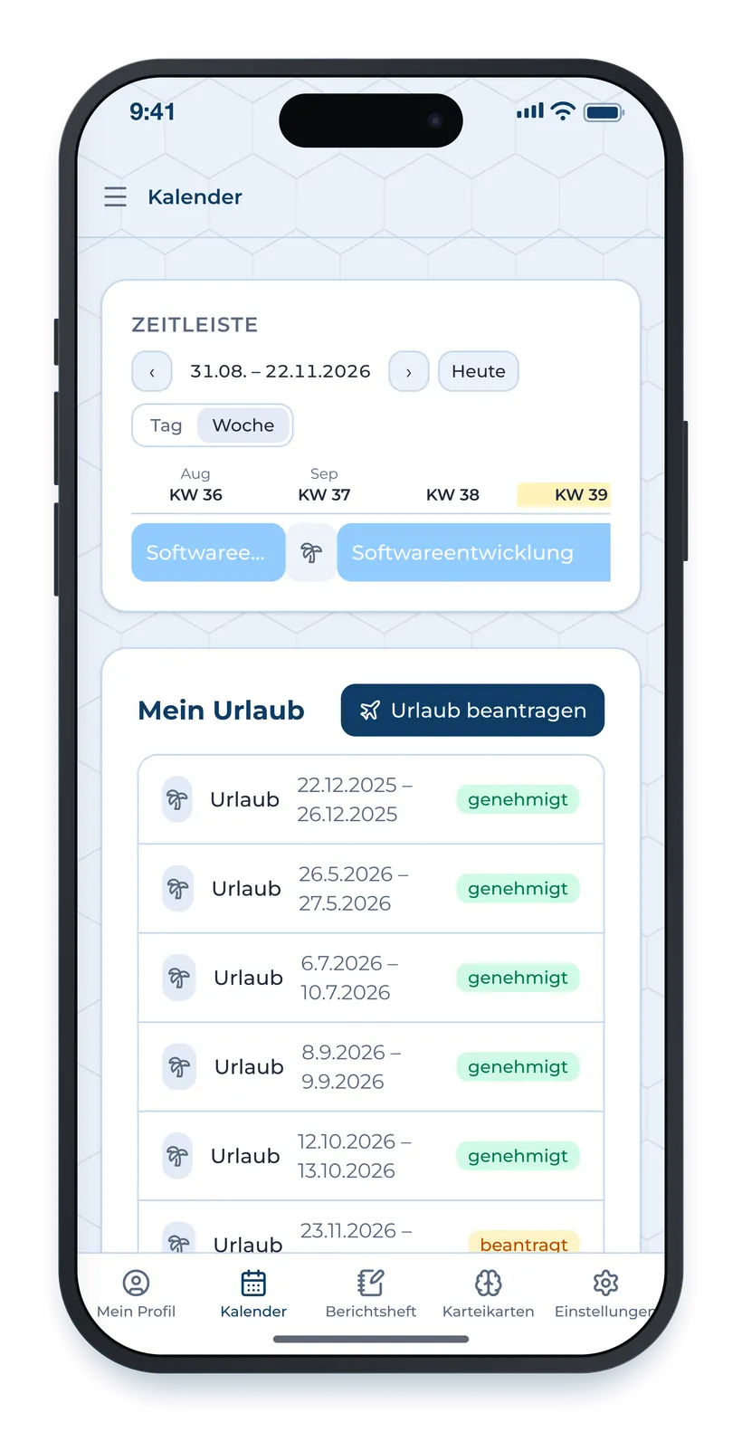 Der Kalender auf dem Handy. Die eigenen Einsätze auf einer Zeitleiste, darunter die beantragten Urlaube mit ihrem Stand.